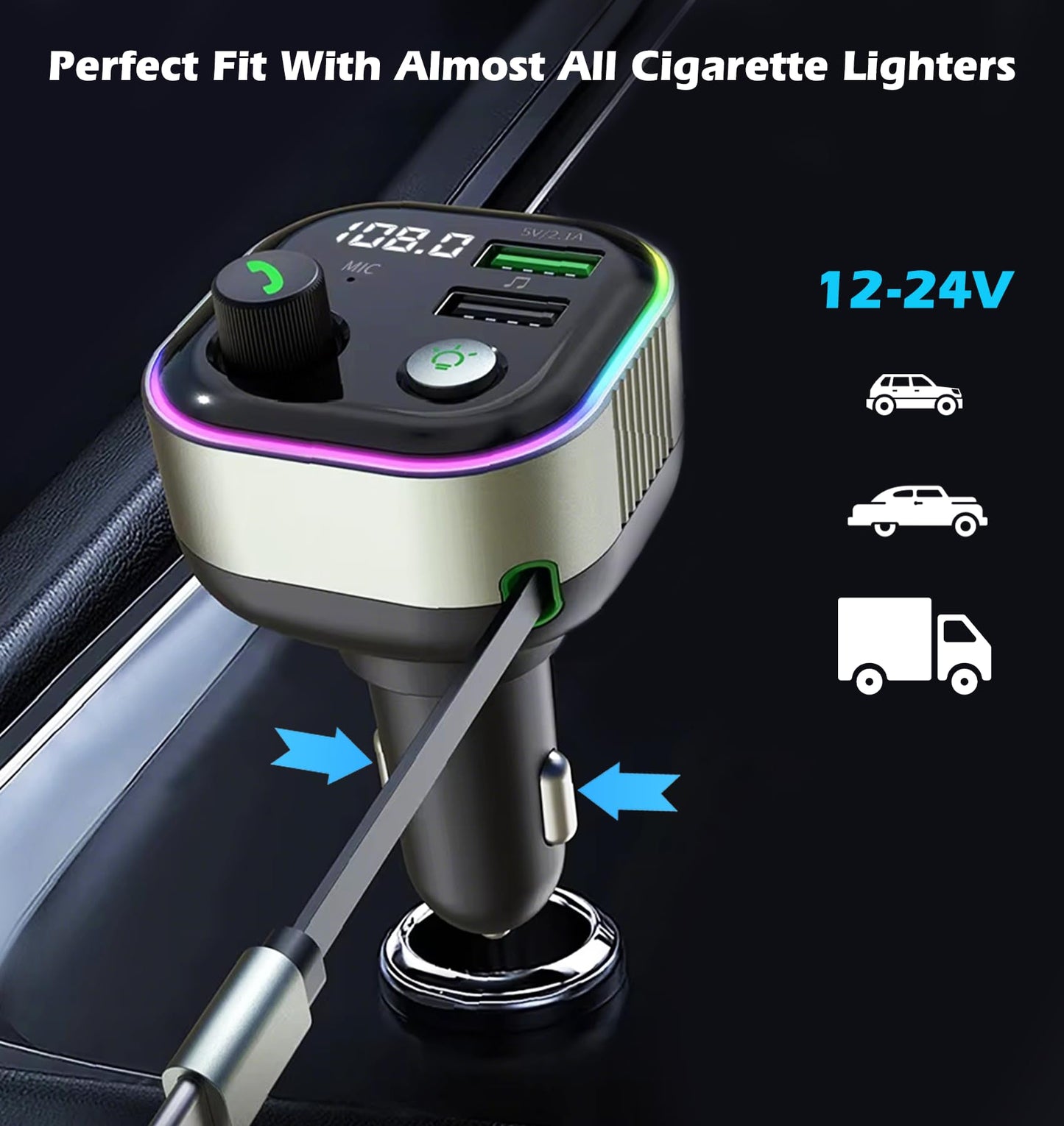 LIHAN Bluetooth 5.4 Car Adapter, Transmitter for FM Radio,65W Retractable USB C Fast Car Charger, Wireless Audio Hands Free Calling & MP3 Music Player, HiFi Bass Support USB Drive