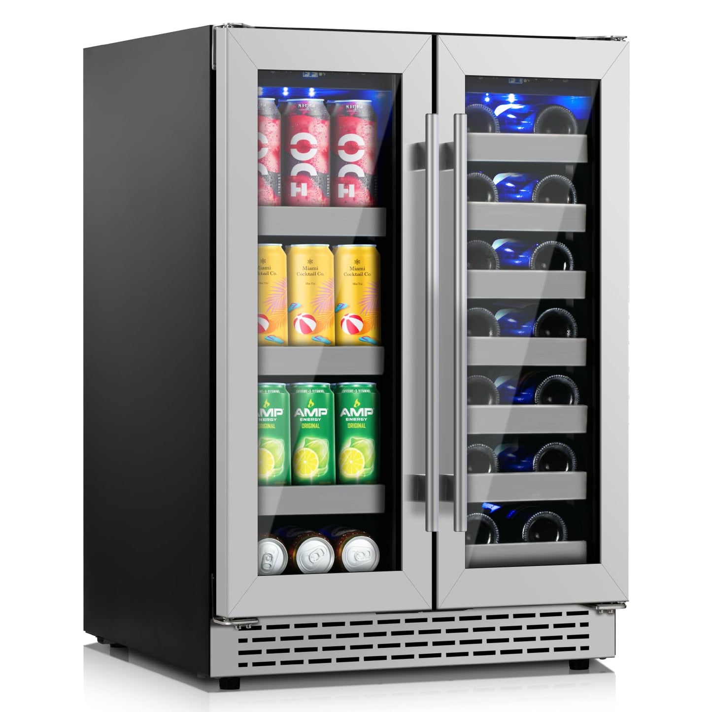 WINEBOSS 24 Inch Wine and Beverage Refrigerator, Dual Zone Wine Fridge Under Counter, 20 Bottle & 88 Cans Wine Cooler Refrigerator with Glass Door & Stainless Steel Shelves for Beer Commercial Office