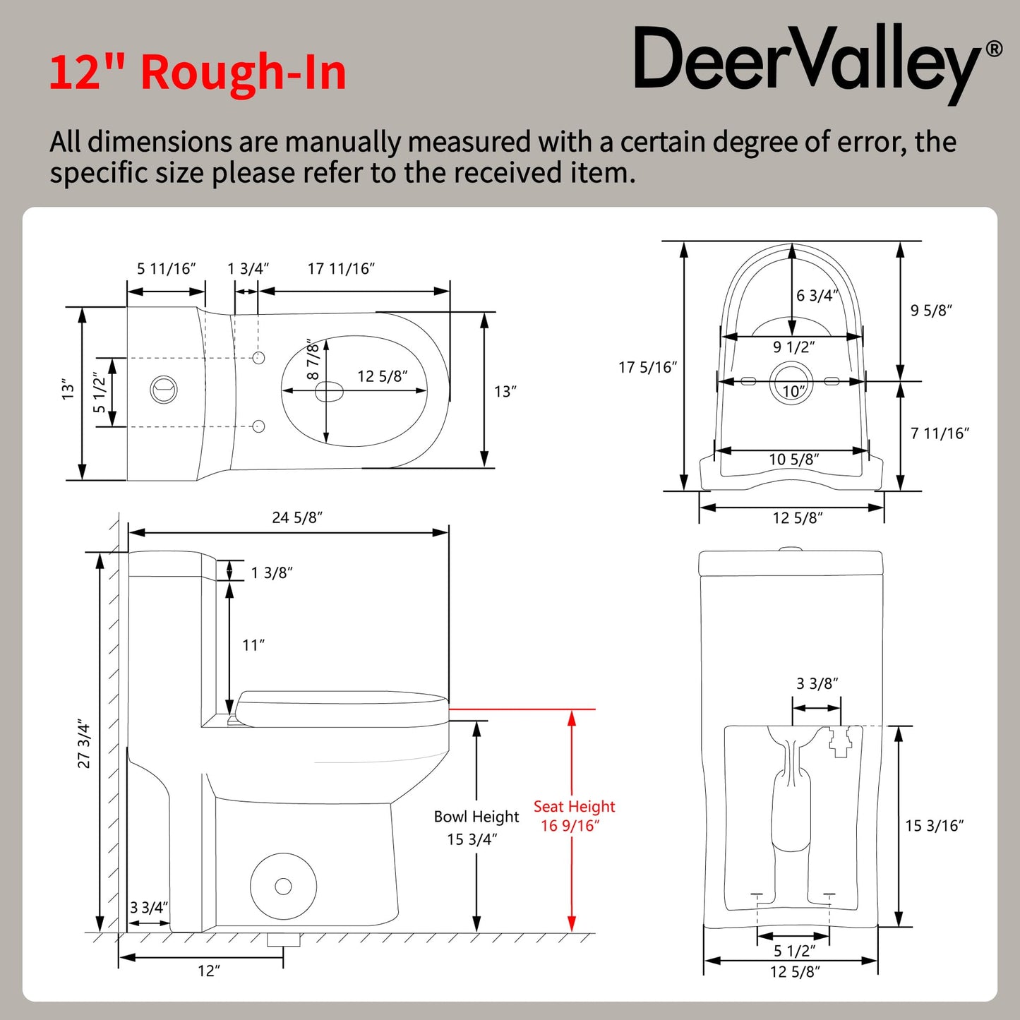 DeerValley Compact One Piece Toilet with Comfortable Seat Height Modern Standard Toilet for Small Bathroom Dual Flush 1.1/1.6 GPF Powerful & Quiet 12'' Rough-In Skirted Toilets