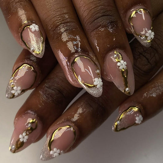 Spring Press on False Nails Glitter French Tip Fake Nails Medium Almond Glue on Nails with Flower Gold Chrome Pearl Designs Press ons Stick on Nail for Women Manicure 30Pcs