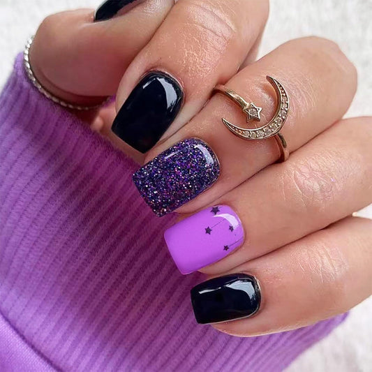 24 Pcs Stars Press on Nails HZJXRT Short Square Fake Nails Glossy Purple Glitter Acrylic False Nail Starry Sky Stick on Nail Clean Glue on Artificial Fingernails for Coquette Women Gift