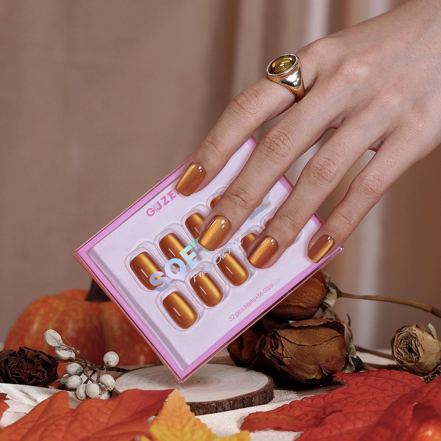 Burnt Orange Cat Eye Press On Nails Short- GJZEZ Amber Yellow Light Brown Soft Gel Square Cateye Glass Fake Nails Press Ons Gifts for Women | 16 Sizes - 32 pcs Reusable Salon Quality Faux Nail, Ginger