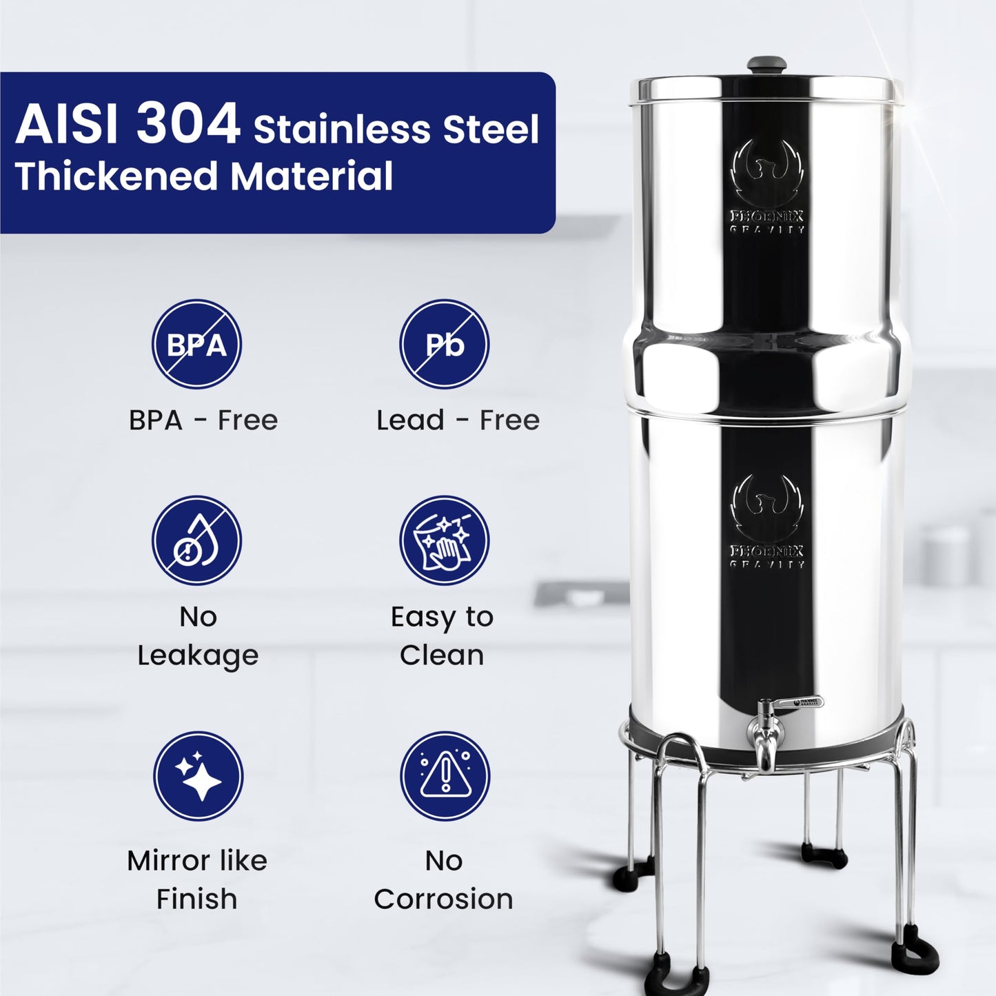 2.25 G AISI 304 Stainless Steel Premium Gravity Water Filter System | NSF Certified 2 Smart Carbon Filter Elements | Free Stainless Steel Stand & Spigot | No Plumbing/Electricity Required | Portable