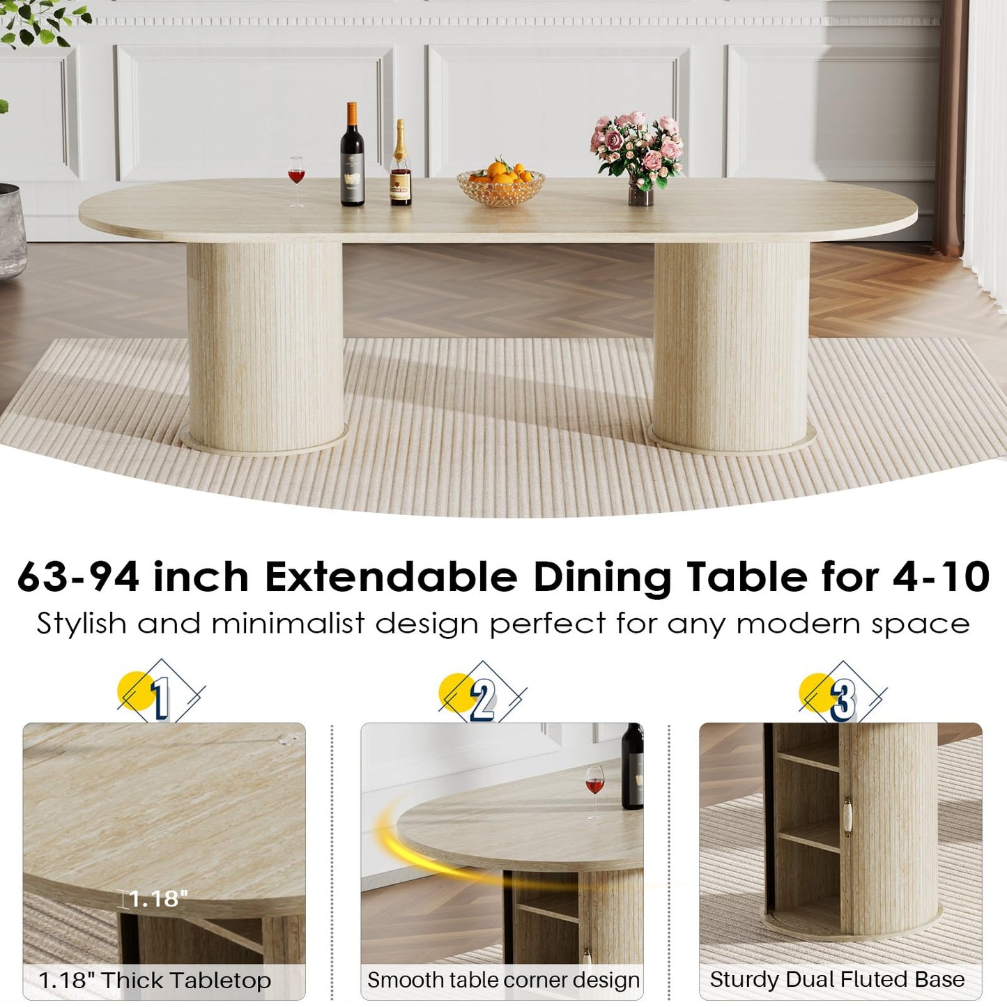 11 Piece Extendable Dining Table Set with 10 Green Upholstered Chairs, 63"-95" Faux Mars Oval Kitchen Table Set with Storage for 10, Space-Saving Expandable Dining Room Table Set w/Wood Fluted Base