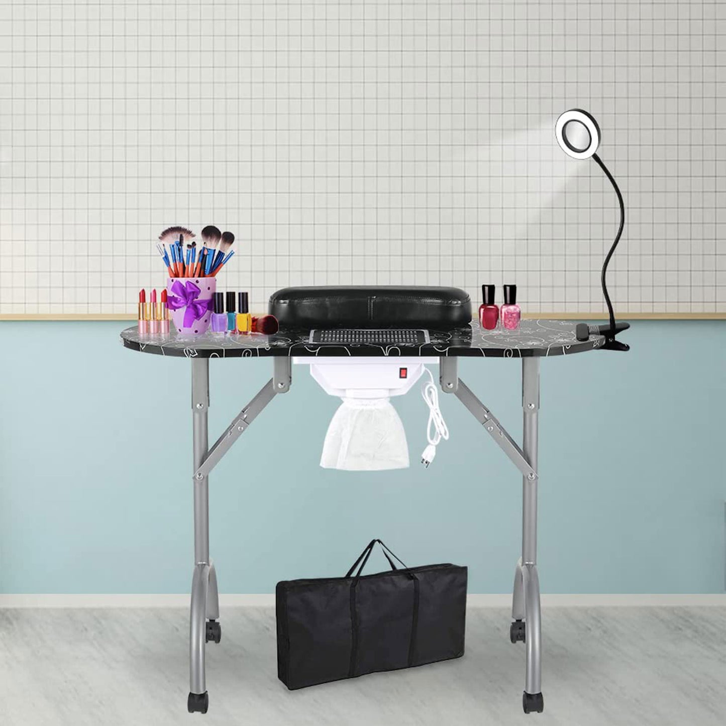LEIBOU Professional 35''L Portable & Foldable Manicure Table Nail Technician Desk Workstation Salon Spa with Magnifier USB LED Lamp,Fan dust Collector,Sponge,Carrying Bag (Black Flower)
