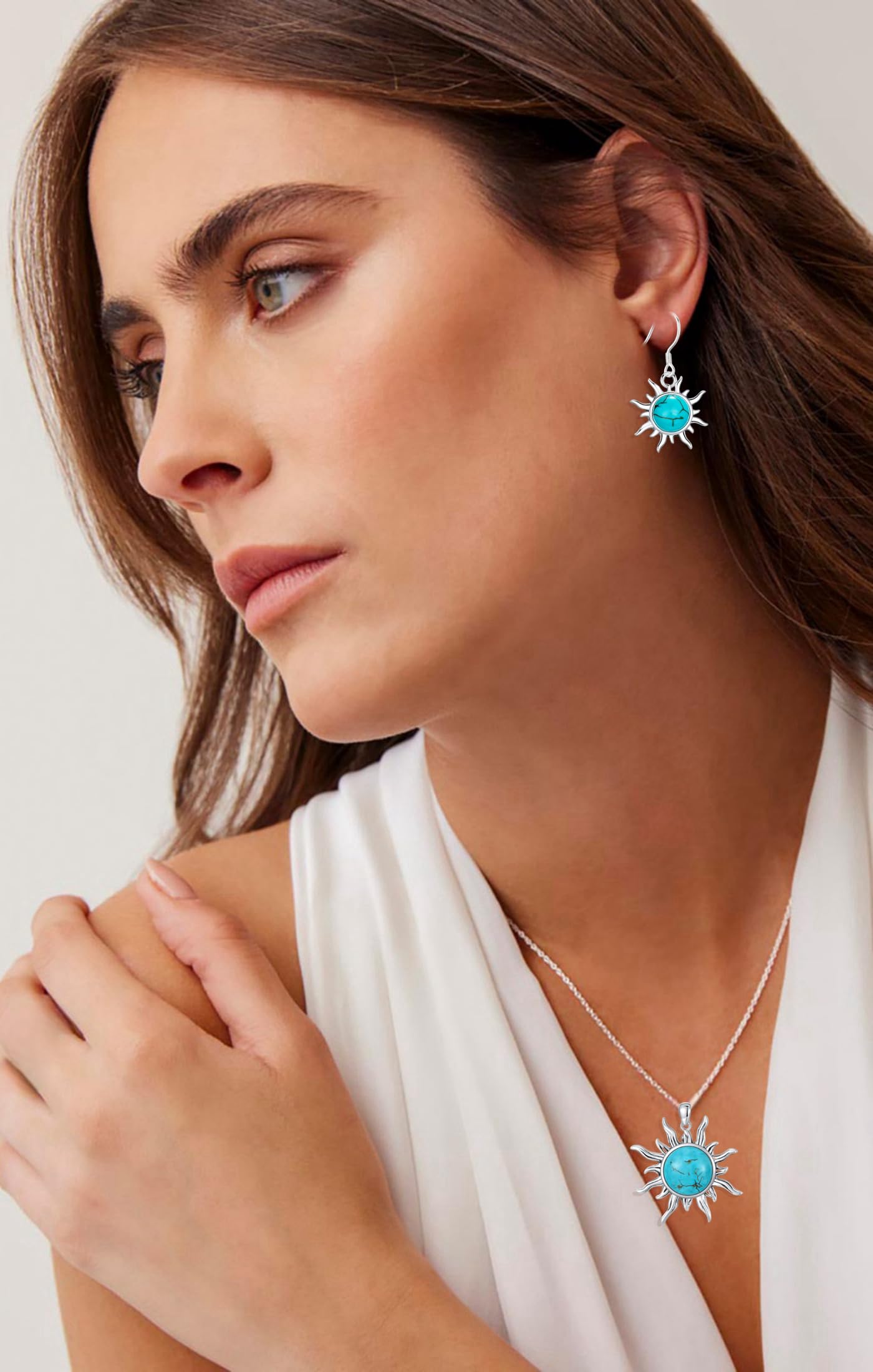 Genuine Sun Turquoise Jewelry Set for Women, Sterling Silver Native American Neckace and Dangle Earings Western Jewelry Birthdays Gift