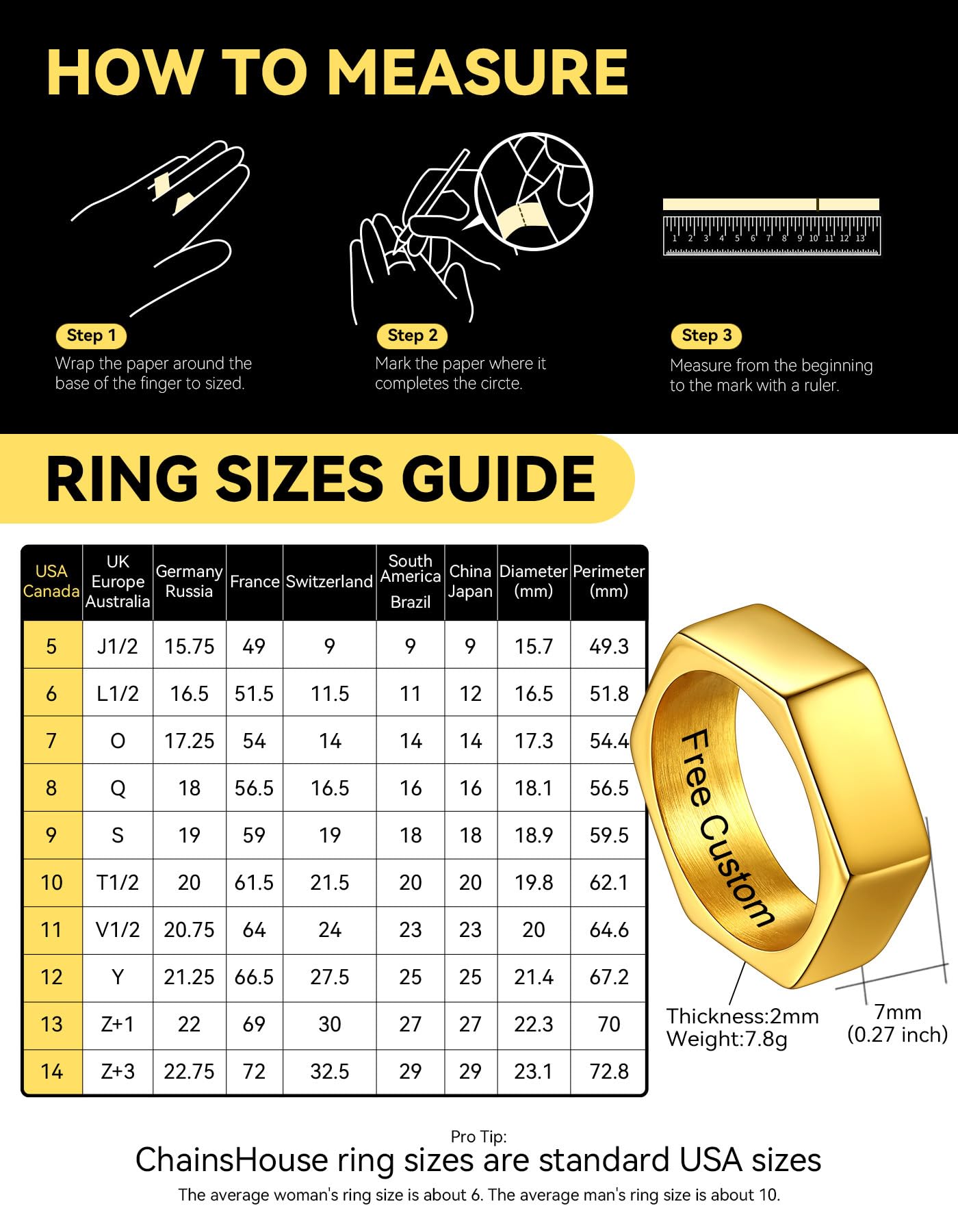 ChainsHouse Personalize Simple Band Rings 18K Gold Plated Geometric Hexagon Biker Ring for Men Women, Size 13