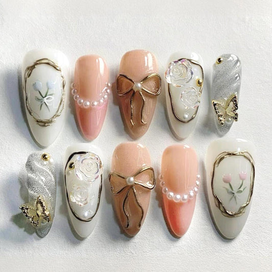 30pcs Almond Fake Nails 3D Gilded French Style Cute Gold Bow False Nail Tips with Rhinestone Pearl Press on Nails Set Butterfly Tulip Water Drop Full Cover Stick on Nails for Women Acrylic Nail Kit