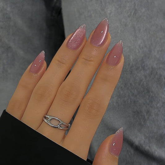 Baby Pink Cat Eye Press On Nails Short Almond Shaped - Glitter French Tip Fake Nails Press ons Natural Glue on Nails Stiletto Opaque Bling False Nails for Women No Glue, 24 Pcs