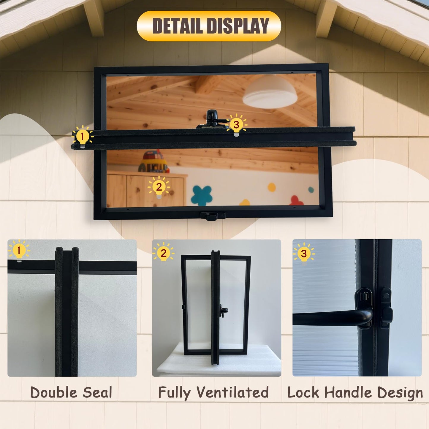 28x24in Windows for houses, 360° Rotation Sliding Window, Flush Mount Rotating Ventilated Windows, Basement Window with Tempered Glass, for Bathroom/Kitchen/Warehouse/Playhouse (Black, 28x24in)