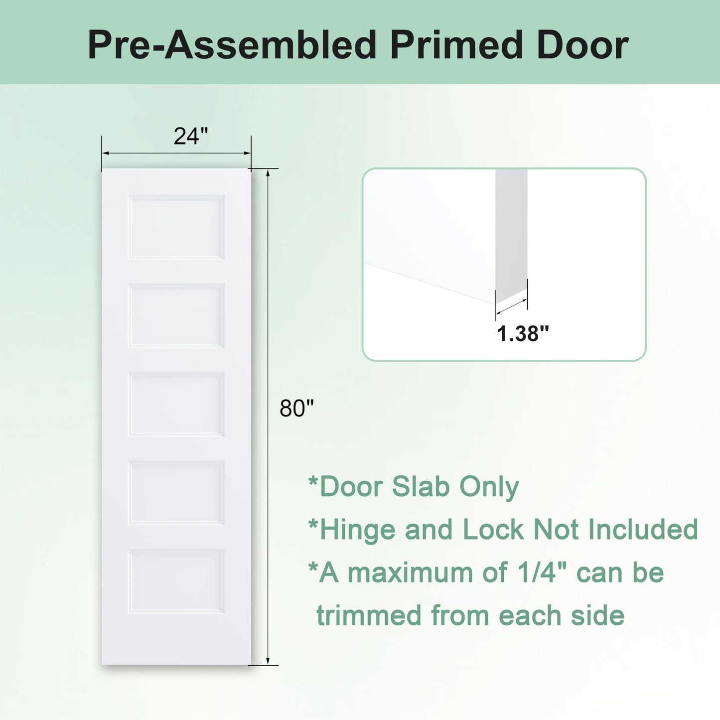 JUBEST 24"x80" 5-Panel Shaker Style White Primed Hollow Core Interior Molded Door Slab, NOT Pre-drilled and NOT Included Hardware, Pre-Assembled Interior Door for Pantry, Laundry, Closet