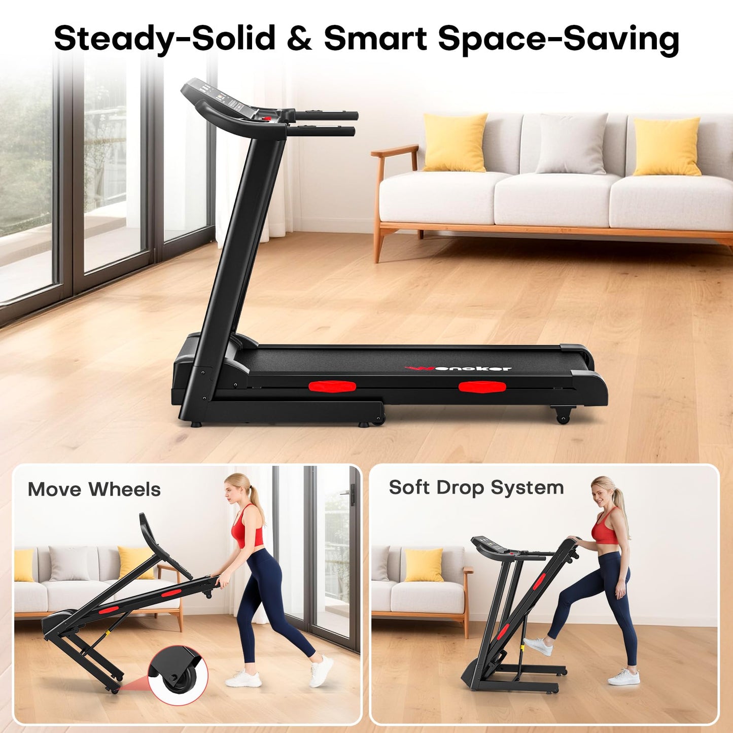 Treadmill with Incline for Home, WENOKER 15% Auto Incline Treadmill with Handrail 300 lbs Capacity, 3.0HP Quiet Walking Pad Tread mill with App, Portable Folding Tread mill with Heart Rate & Wide Belt