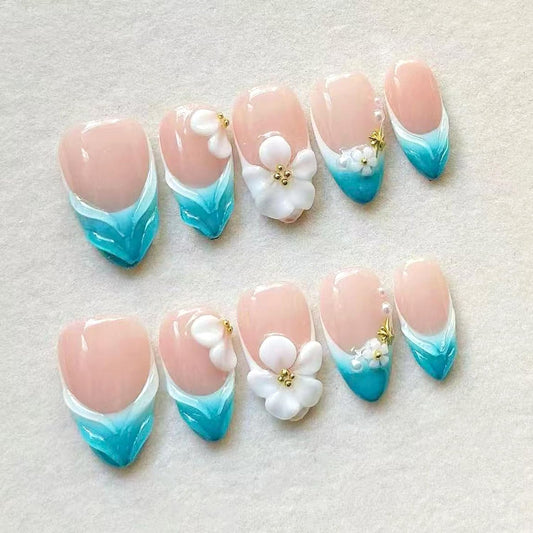 30Pcs Summer Blue FrenchPress on Nails Medium Almond ShapeFake Nails Press on with French Tip and 3d Flower Design Nude Base Spring and Daily for Women