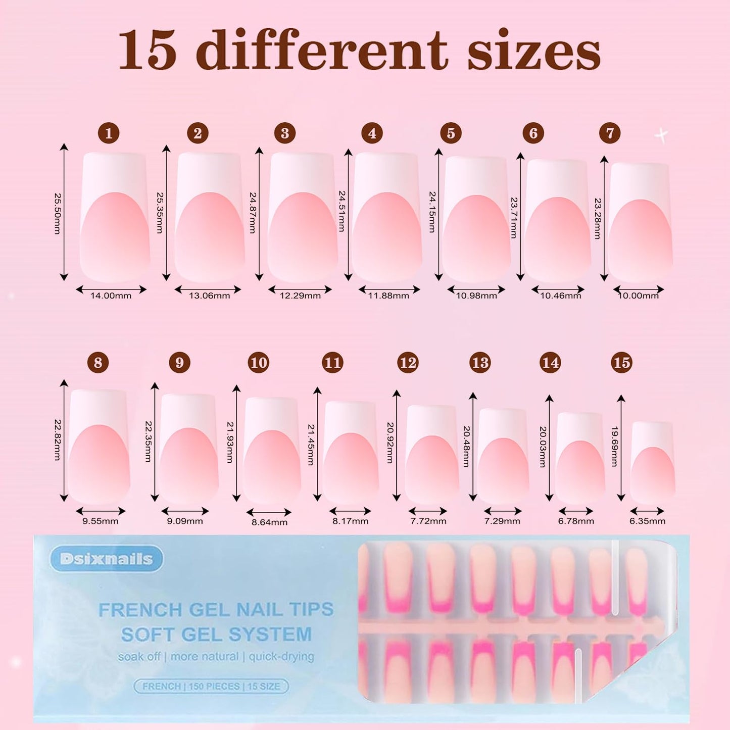 Dsixnails 300Pcs Long French Tip Press on Nails, Square Soft Gel Nail Tips in 15Sizes, 3 in 1 Pre-lasting Acrylic Fake Nails, No Need to File False Nail Tips Extension for Women Nails Art DIY
