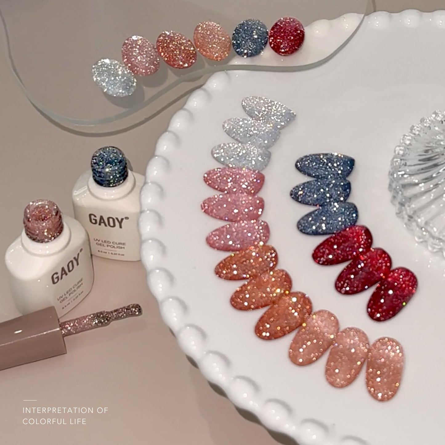 GAOY Reflective Glitter Gel Nail Polish Set, 6 Colors Red Pink Silver Holographic Sparkle Gel Kit, Soak Off UV Light Cure for Salon and Nail Art DIY at Home, Radiant Opulence