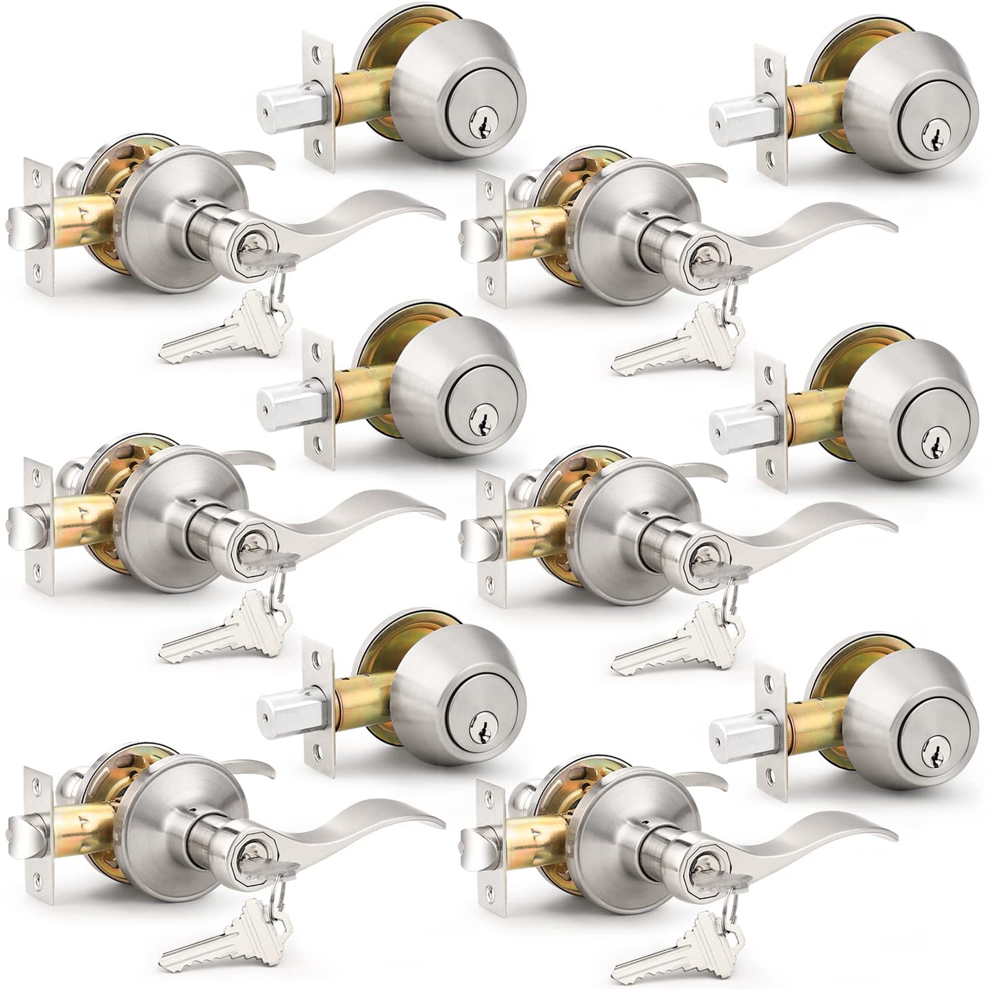 Probrico 6 Sets-Satin Nickel Exterior Entry Lever and Single Cylinder Deadbolt Combo Pack,Keyed Alike Entry Handleset for Front Entrance Door,Wave Shape Lever,Contractor Park