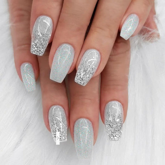 DANMANR Medium Press on Nails Coffin False Nails Art Full Cover Acrylic Silver Gradient Fake Nails for Women and Girls 24PCS