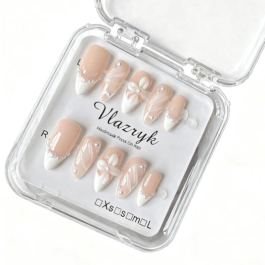 Handmade Press On Nails – Short Almond False Nails for Women, Reusable Acrylic White French Tip with Pearl & 3D Flowers Design – Salon Quality Fake Nails (10PCS Size S)
