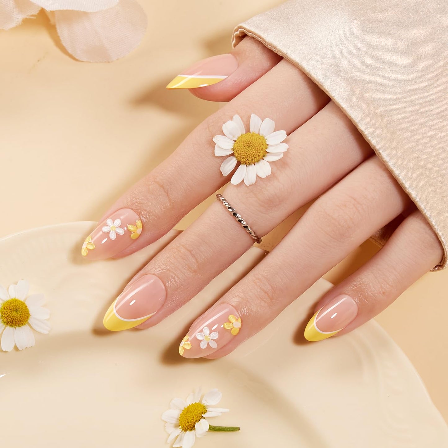 VSALON Press on Nails Short Almond - French Tip Lemon Yellow 3D Flower Design Fake Nails Kit, Floral Spring Summer Salon Gel Glue on Nails with Glue & Cuticle Oil - 32 PCS Stick on Nails in 16 Sizes