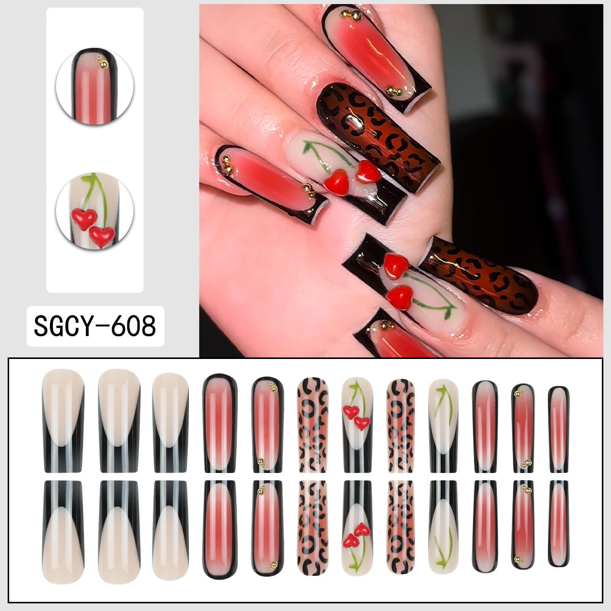 Long Square Press on Nails Fake Nails Artificial Nail Stick on Nail for Women, Leopard Print & Hearts, Black White French with Gold Bead Accents