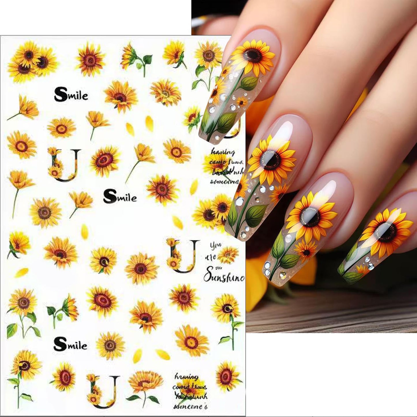 8Sheet Spring Summer Sunflower Nail Art Stickers Yellow Floral Nail Stickers 3D Self-Adhesive Letter Nail Decal, Yellow Flower Butterfly Bee Nail Designs for Women Manicure Decoration Nail Supplies
