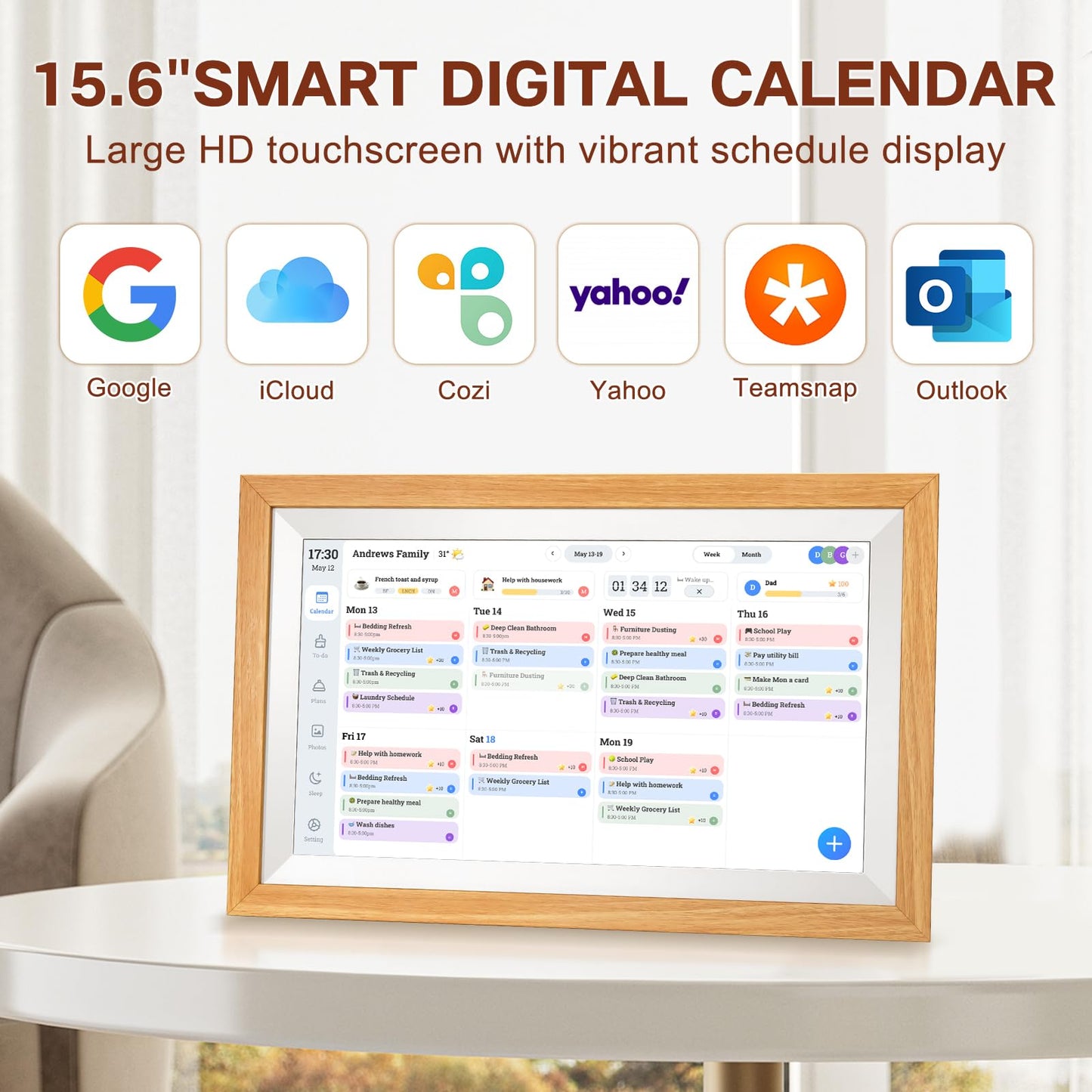 EMOLENDAR Digital Calendar,15.6 Inch Smart Wifi Electronic Calendar with Wooden Frame, Full HD Touchscreen Display Picture Frame Calendar for Family Schedules Planner Organizing-Wall & Desk Mountable