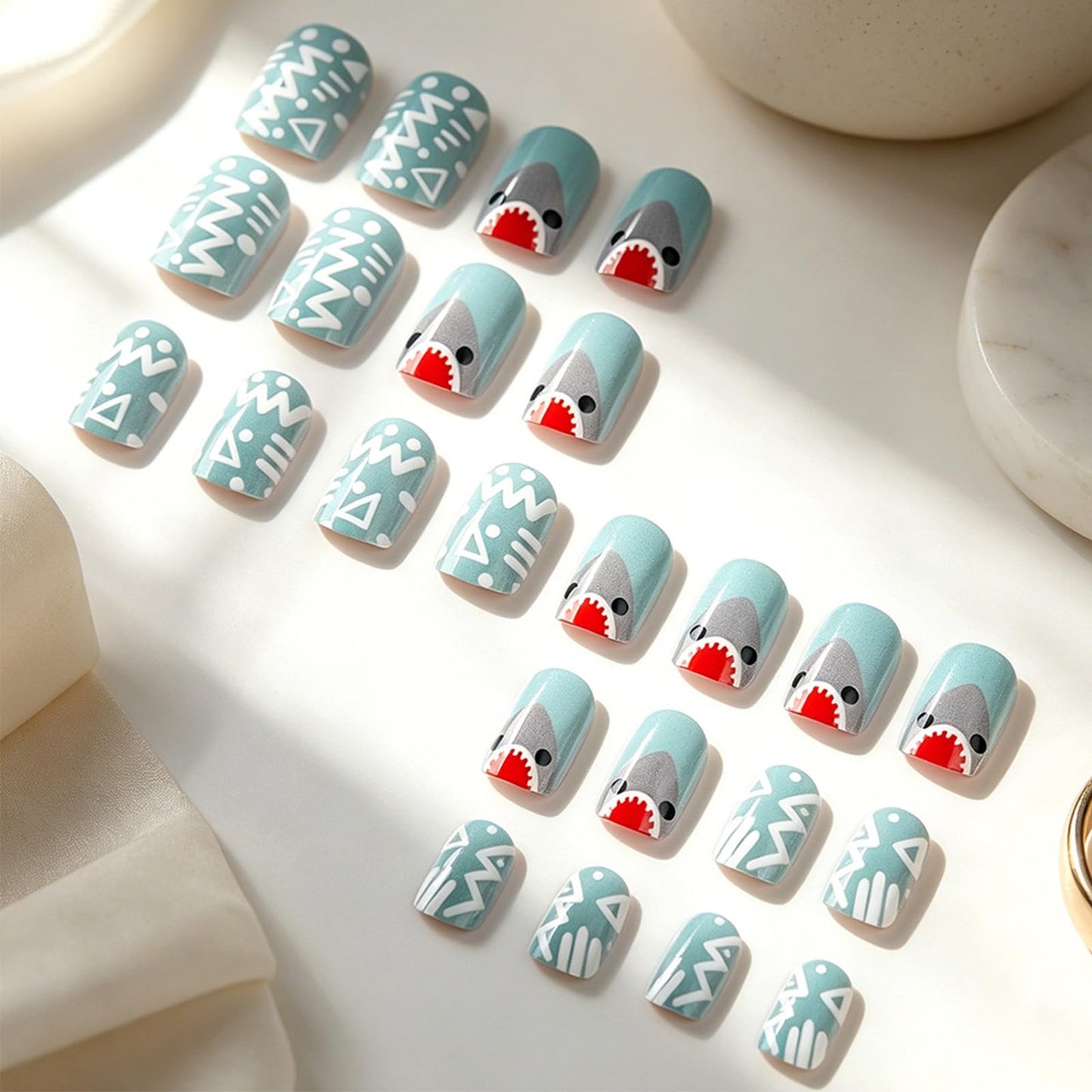 Cute Shark Short Square Press on Nails with Cartoon Design Glossy Blue Fake Nail Tribal Geometric False Nails Summer Glue on Artificial Fingernails Ocean Full Cover Stick on Nail for Women Wear