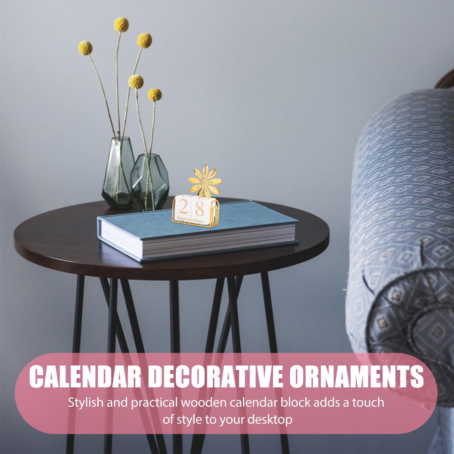 SUPVOX Wooden Perpetual Calendar Blocks for Desk, Office, Home Decor, Adjustable Wood Month Date Display Blocks, Sunflower Design, 4.72 X 3.54 X 1.57 Inches