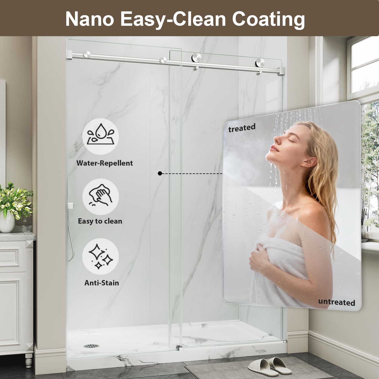 Frameless Glass Shower Door,43-48" W x 72" H Single Sliding Frameless Shower Door,1/4"(6mm) SGCC Tempered Glass,Safety Explosion-Proof Film Nano Coating,Brushed Nickel