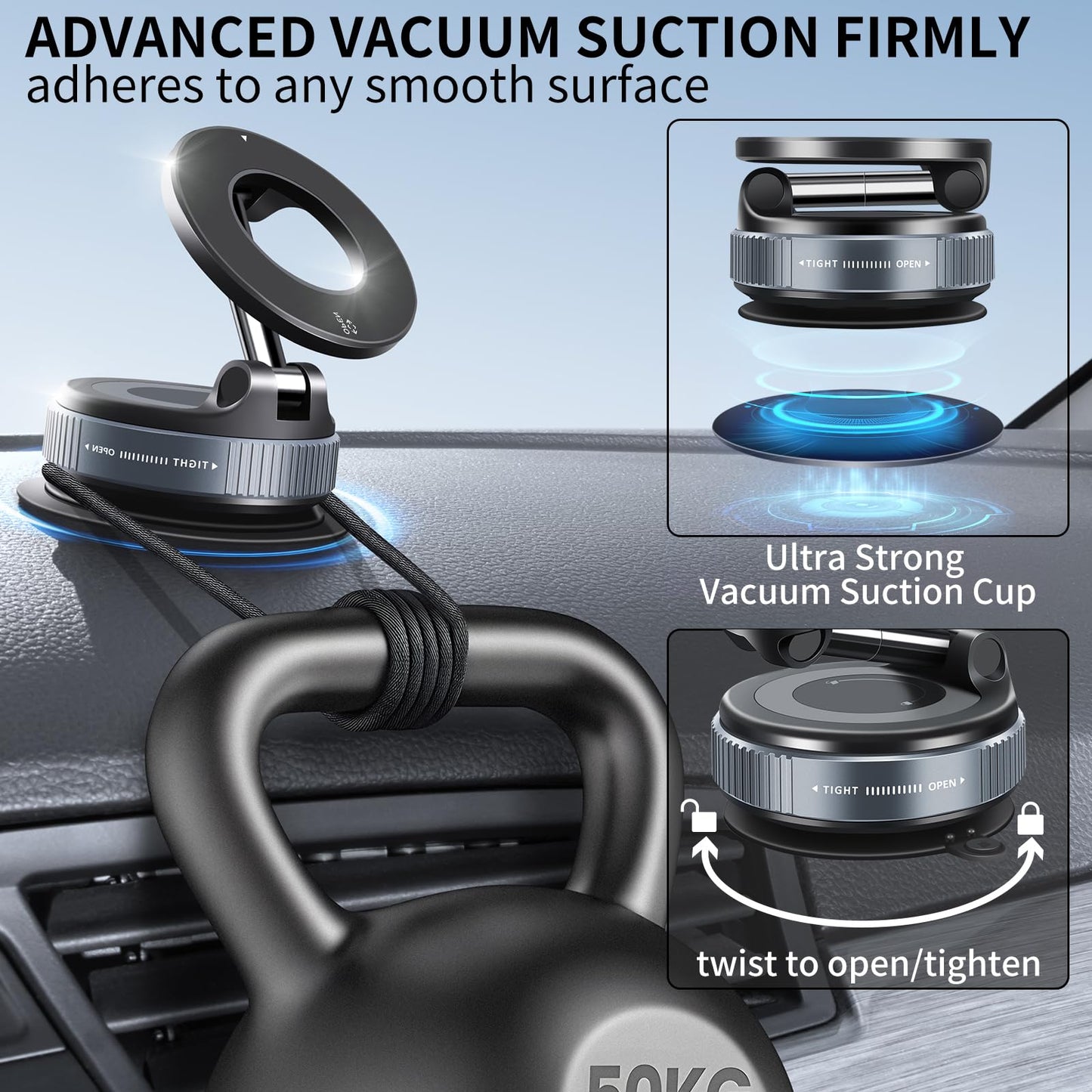 Galundge Vacuum Suction Magnetic Phone Holder, 2025 Upgraded Foldable Retractable Suction Cup Car Phone Mount for Magsafe, 360° Adjustable Magnetic Phone Stand for Cars/Gyms/Mirrors/Smooth Surface