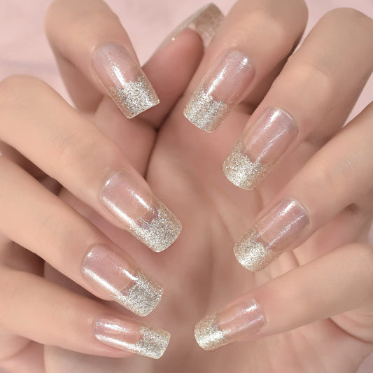 IKISKT Press On Nails - Shiny Glitter French Tips | Litter Yellow Gel Tip l UV Medium Square False Fake Nails, Reusable Glue | 10 Sizes - 24 Nail Kit