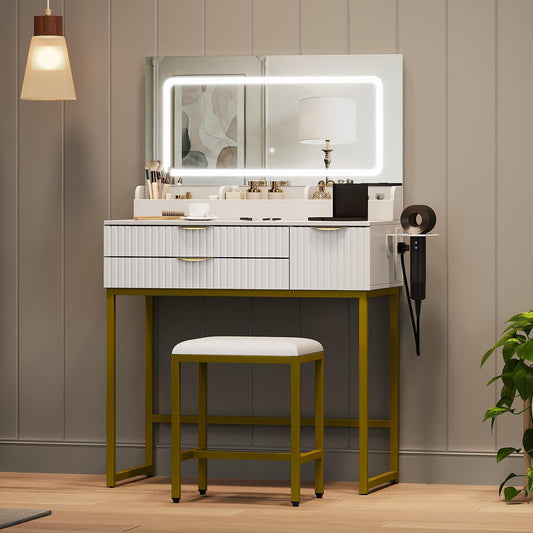 GAOMON 31.5" Glass Top Vanity Desk with LED Mirror – 3 Lighting Modes, Power Outlet, 3 Drawers, Hair Dryer Rack, Stool, Modern Makeup Table for Bedroom, White Board + Gold Metal Frame