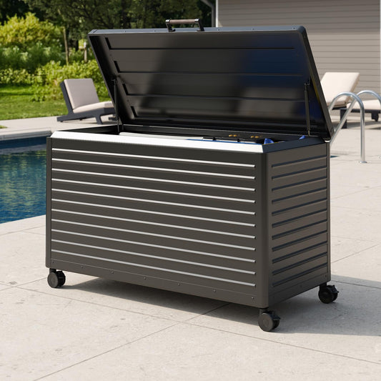 MIRADOR 134 Gallon Outdoor Storage Box with Wheels & Soft-Close Lid, Waterproof Metal Deck Box for Patio Cushions, Garden Tools & Pool Accessories, Charcoal