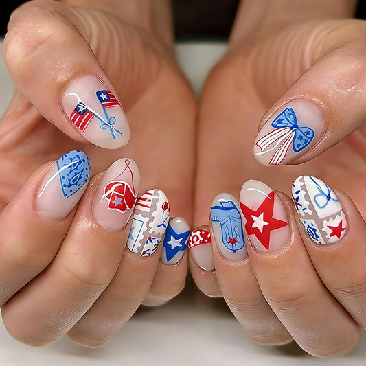 24Pcs 4th of July Press on Nails Short Almond Fake Nails American Flag with Cowboy Patriotic Press Ons Designs Star Stripe Bow Glue on Nails Independence Day False Nails for Women Acrylic Manicure