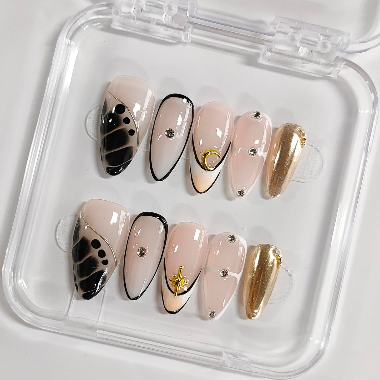 Handmade Press on Nails Almond Medium 3D French Tip Thick Acrylic Fake Nails False Nails with Moon Stars Rhinestones Gold Curve Line Designs Black&White Sturdy Nail Art Press on Nails 10Pcs(S)