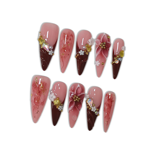 Hantyer Blush French Tip Press on Nails with 3D Floral Carving, Pearls & Rhinestones, Long Stiletto Glossy Iced Soft Glam Fake Nails, Reusable Elegant False Nails for Women Special Occasion (Size M) ﻿