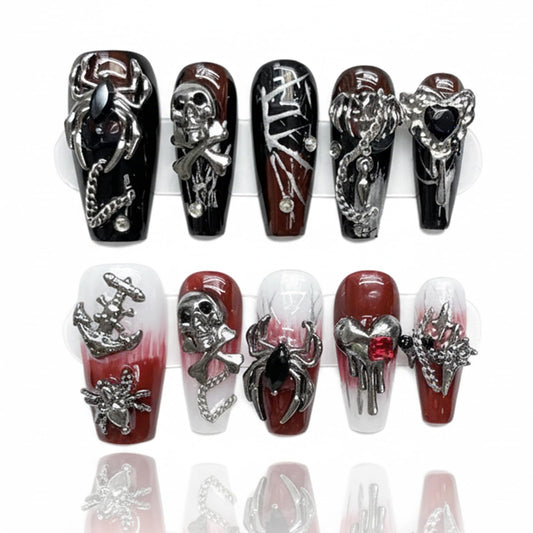 Handmade Skeleton Press On Nails long Coffin Reusable Stick On Fake Nails Luxury Elegant Sexy Style For Women Gift With Nail Glue Red Black L