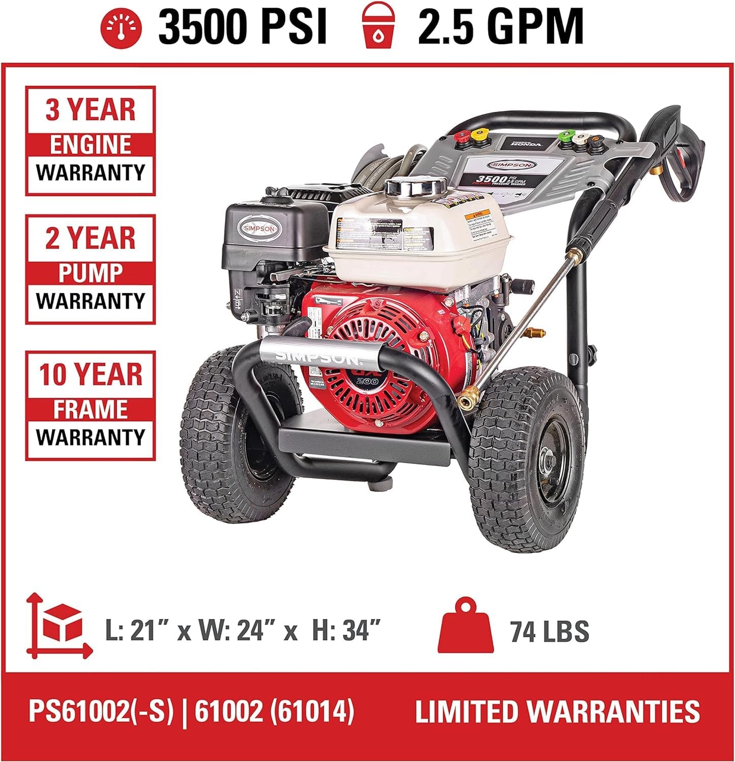 Simpson 61014 3500 PSI at 2.5 GPM Honda GX200 with AAA AX300 Axial Cam Pump Cold Water Professional Gas Pressure Washer PS61002-S