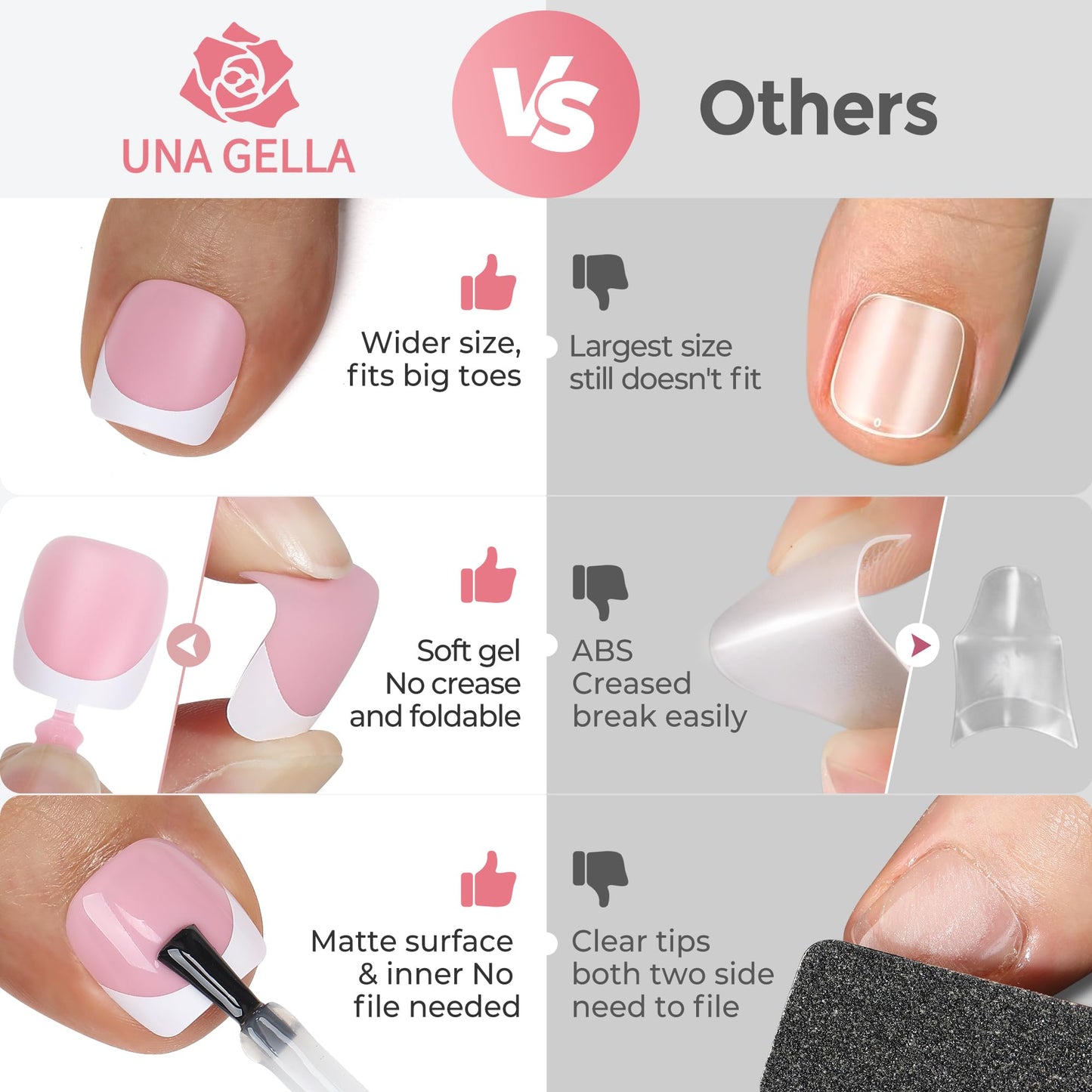 UNA GELLA French Press On Toenails - 15 Sizes Pre-Etched French Toe Nail Press Ons Soft Square Gel False Toenails Pink and White Fake Toe Nails 180Pcs for Women Big Toes Nail Extensions Pedicure