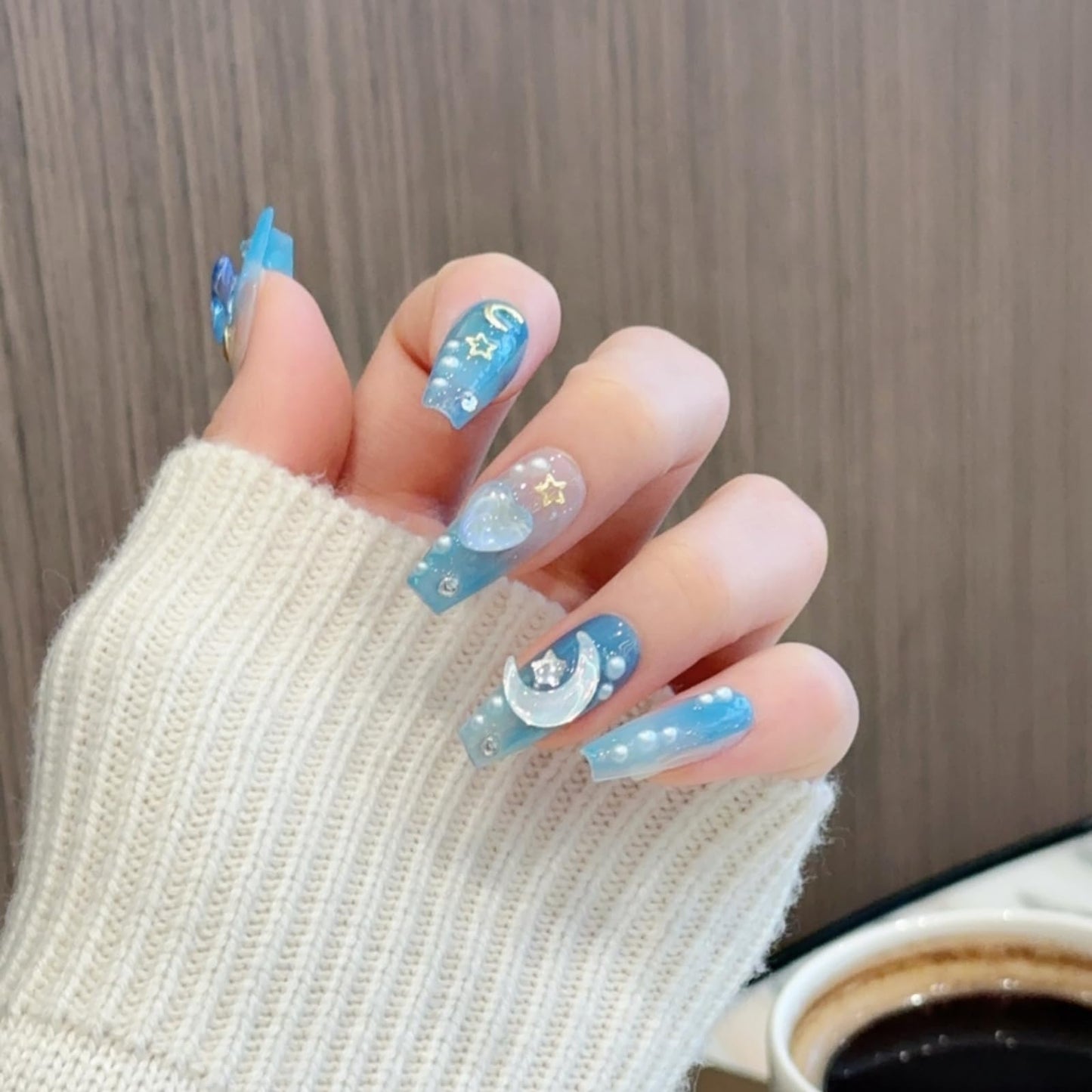 RENBING handmade press on nails short coffin,fake nails with designs,10 pcs high hardness acrylic nails press ons,3d cute false nails for women-Mermaid Ocean(M)