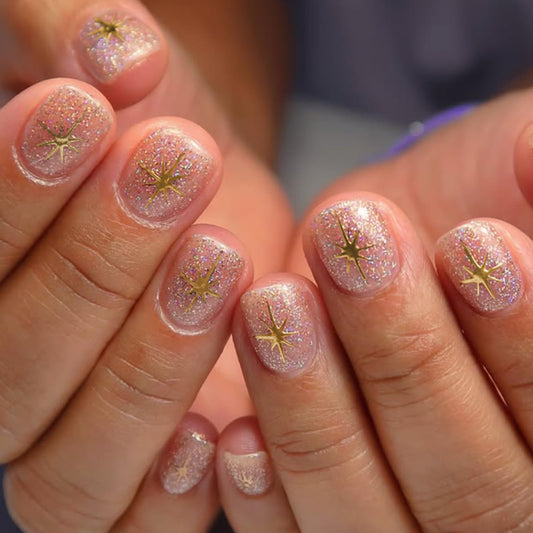 Short Press on Nails Square Fake Nails Nude Acrylic Nails Press ons with Gold Stars Design Glitter Artificial Stick on Nail for Women 24Pcs