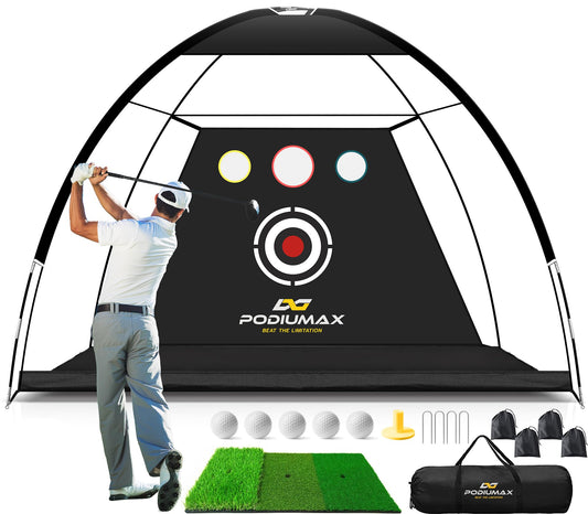 PodiuMax Golf Net, 10x7ft Golf Practice Net and Mat, Noise Reduce Target, 5 Balls, 4 Sandbags, Tee, Carry Bag, Hitting Nets for Backyard Garage, Indoor Driving Chiping, Gift for Men & Golfers