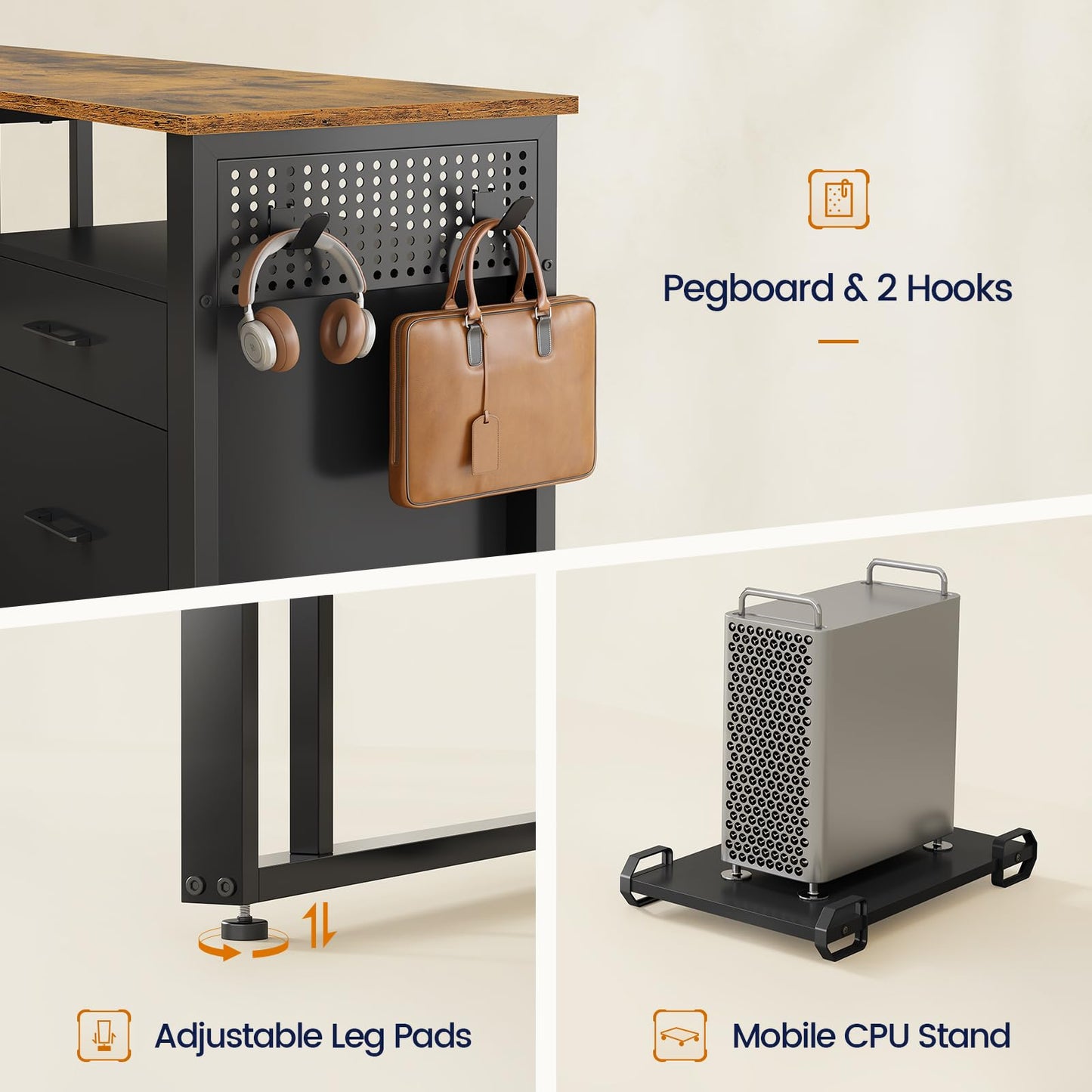 UPOSOJA 71 in Executive Desk with Power Outlets, Reversible L Shaped Desk with File Drawers & Storage Shelves, Large Office Desk Computer Desk with Pegboard, Mobile CPU Stand, Modern Corner Desk