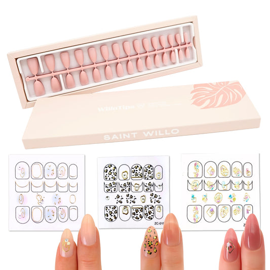 WilloTips Nude Press On Nails – Medium Almond Soft Gel Nail Tips, 3 Nude Shades + 3 Nail Sticker Sheets, Pre-Colored & Pre-Etched, Natural Look, Fits Wide Nail Beds, UV or Glue Compatible, Saint Willo