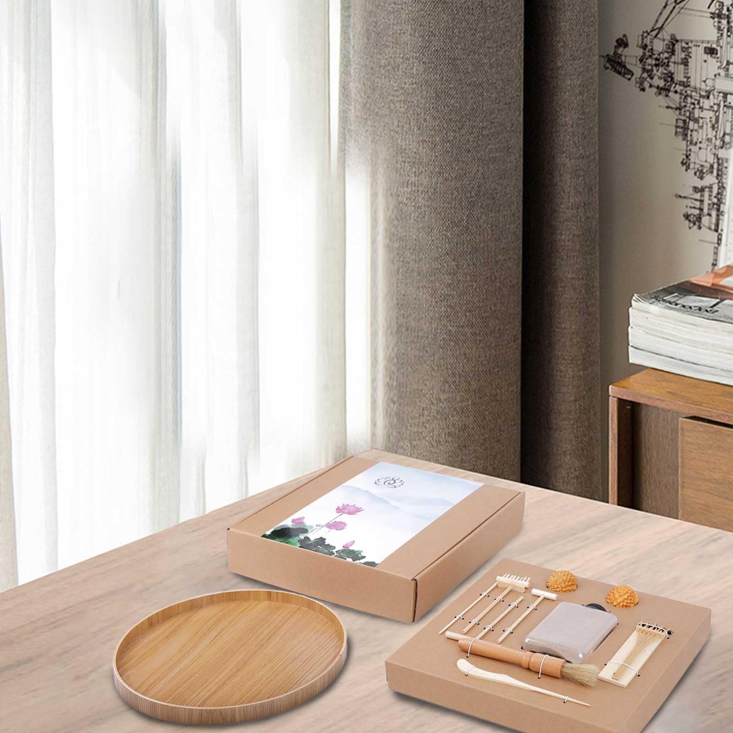 Japanese Zen Garden for Desk, Dorhui Sand Tray Therapy Kit Meditation Gifts - 12”Large Round Bamboo Tray, 7Pcs Mini Zen Garden Rake Kit, Stamp Spheres for Home, Office, and Classroom