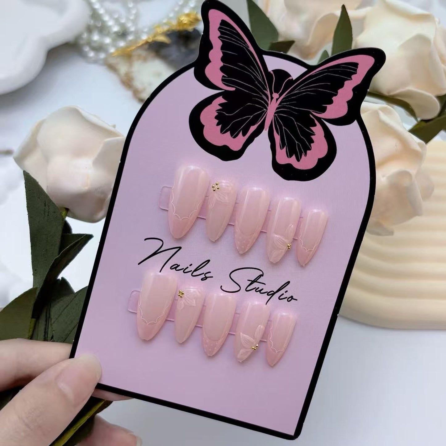 24Pcs Light Pink Press on Nails Medium Almond Fake Nails with 3D Floral & Gold Rhinestones False Nails Acrylic Glossy Full Cover Stick on Nails for Women Manicure Decorations