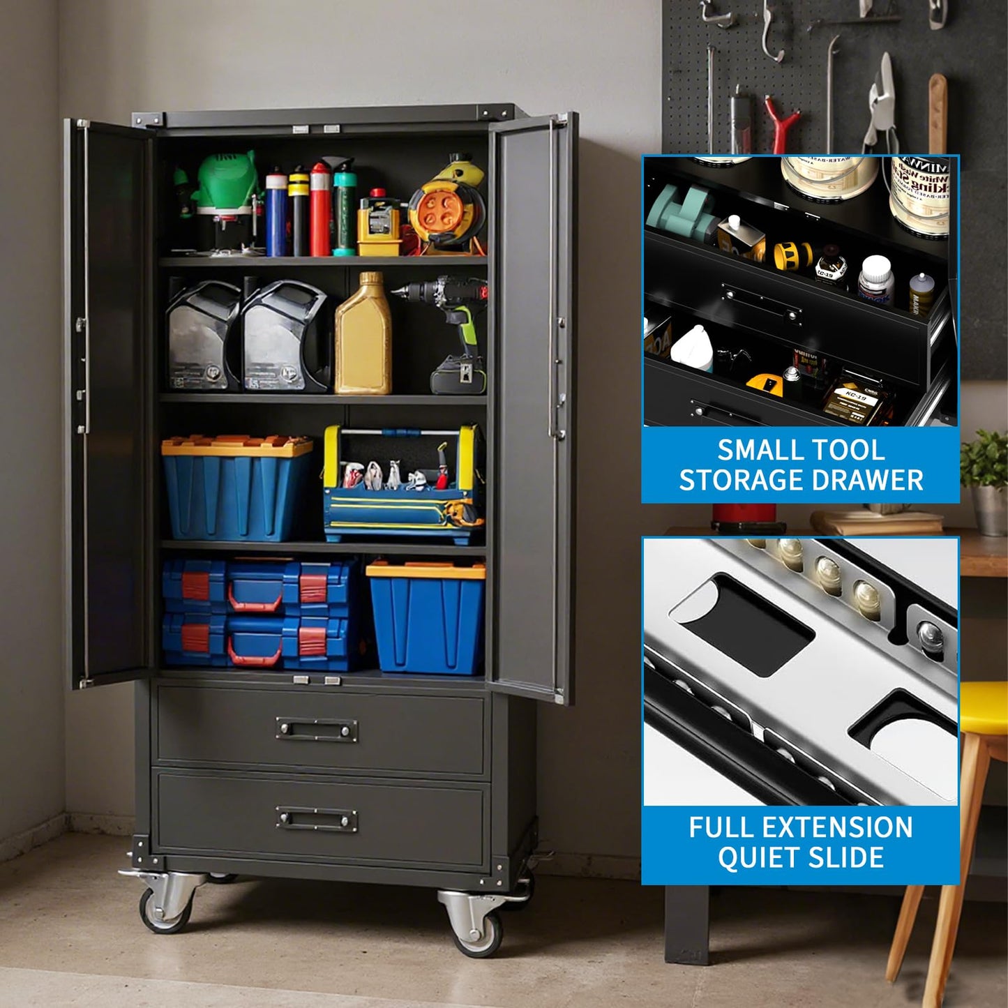 Towallmark Metal Storage Cabinet with Wheels, 72 Inch Tall Rolling Garage Storage Cabinet with 2 Drawers and 2 Doors, Lockable Steel Cabinet with 3 Adjustable Shelves for Home, Office, Shop, Black