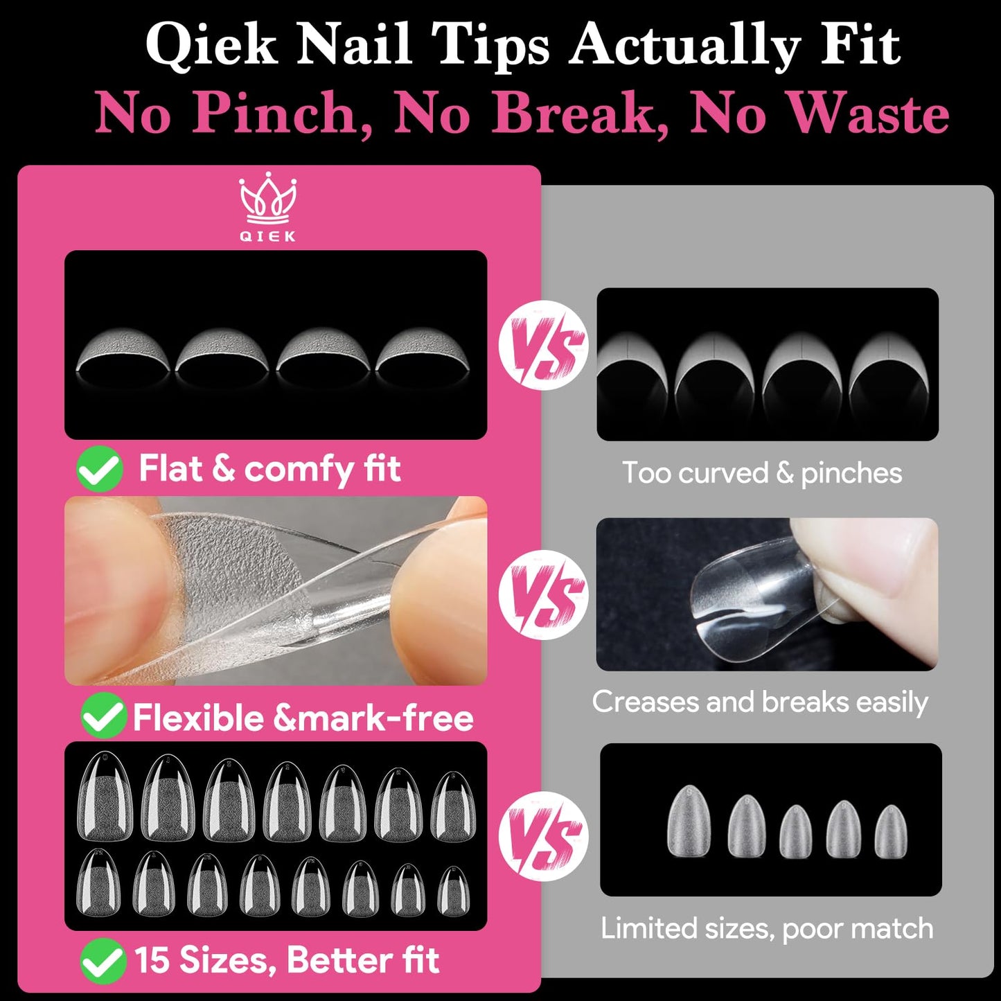 Qiek Short Almond False Nail Tips, 15 Sizes 510 PCS Clear Soft Press On Fake Nail Pre-shaped Half Matte Full Cover Gel Nail Tips Extensions Strong Thick Long Lasting for DIY Beginners & Salon Manicure