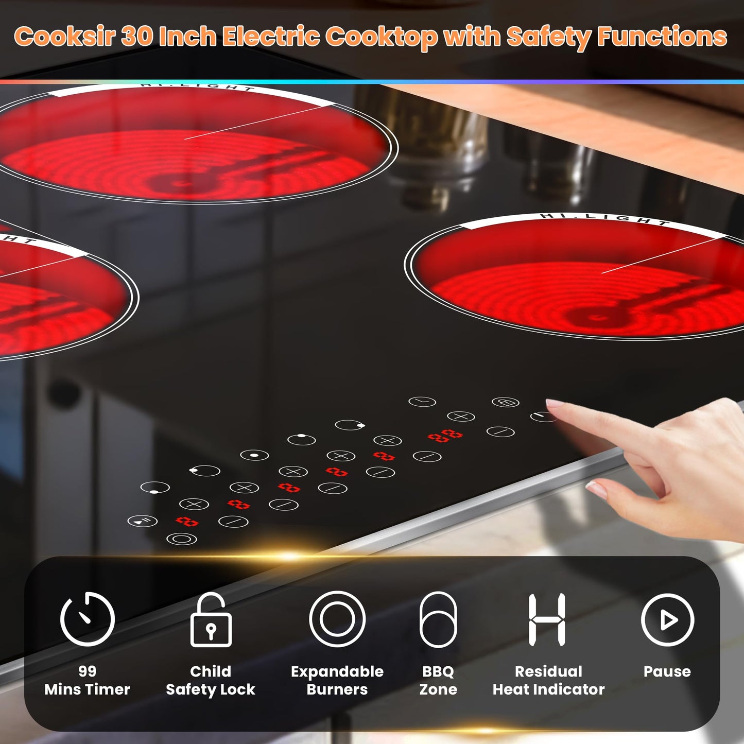 Cooksir Electric Cooktop 30 Inch - 5 Burner Electric Stove Built-in(29.13"x19.3") 8400W High Power, 30 In Ceramic Stove Touch Control with Timer, Safety Lock, Glass Metal Frame, 220-240V Hard Wired