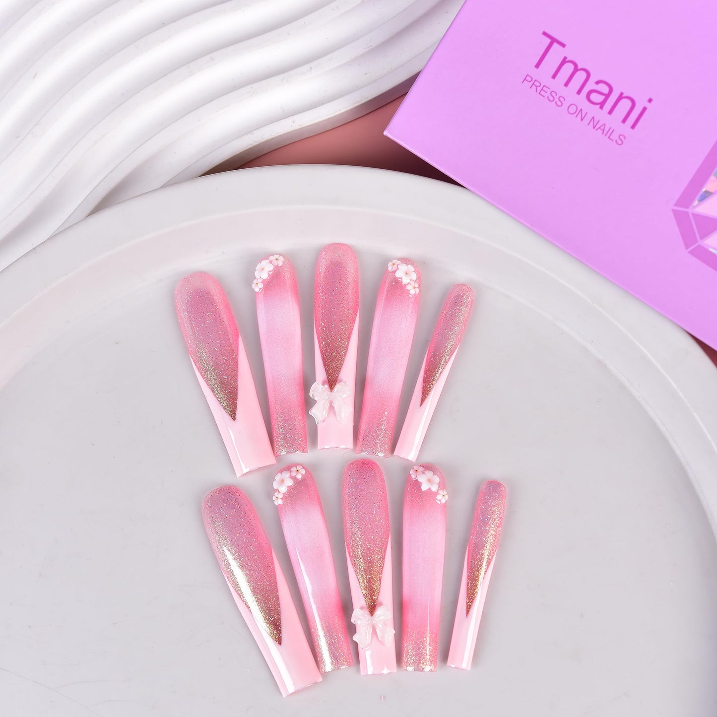 Tmani 10pc/set Extra Long Handmade Press On Nail Hot Girl's Long Ballet Square Nail Full of Diamond Glitter Decoration Fake Nails Suitable For Girls Festival Parties and Birthday Gift（123,Size-S)